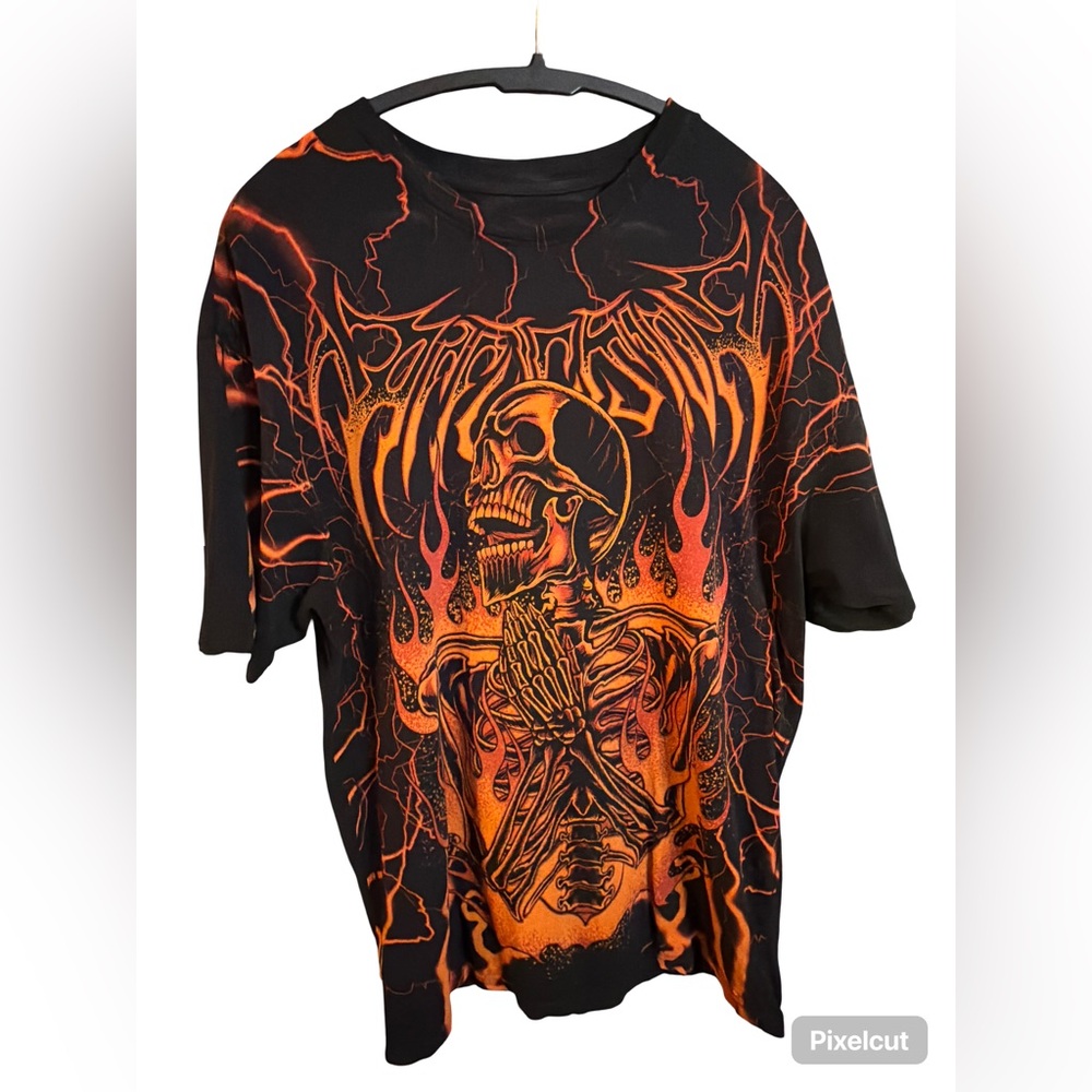Affliction Black T-Shirt with Orange Flame Skeleton Graphic